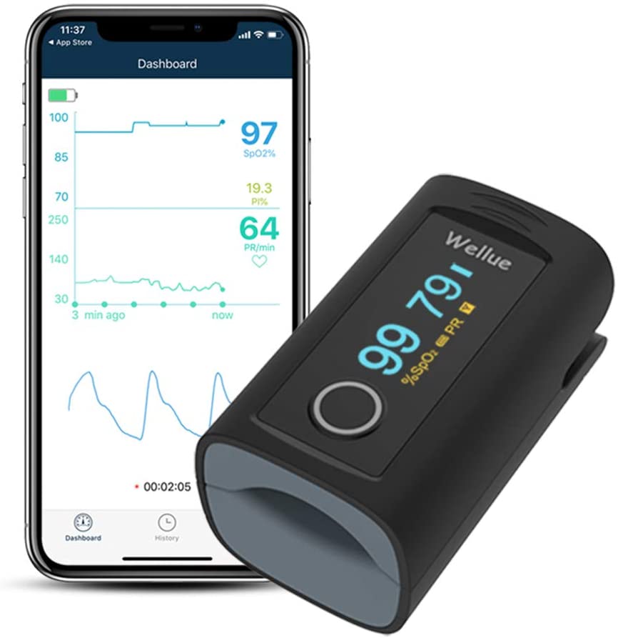 Wellue Bluetooth Pulse Oximeter Fingertip, Blood Oxygen Saturation Monitor with Alarm, Free Android App, Batteries, Carry Bag & Lanyard